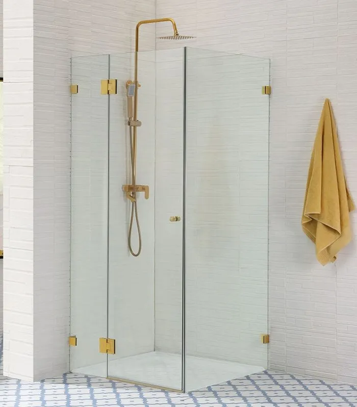 Square & L-Shape Frameless Pivot Door Frameless Shower Screen - Brushed Gold Fittings