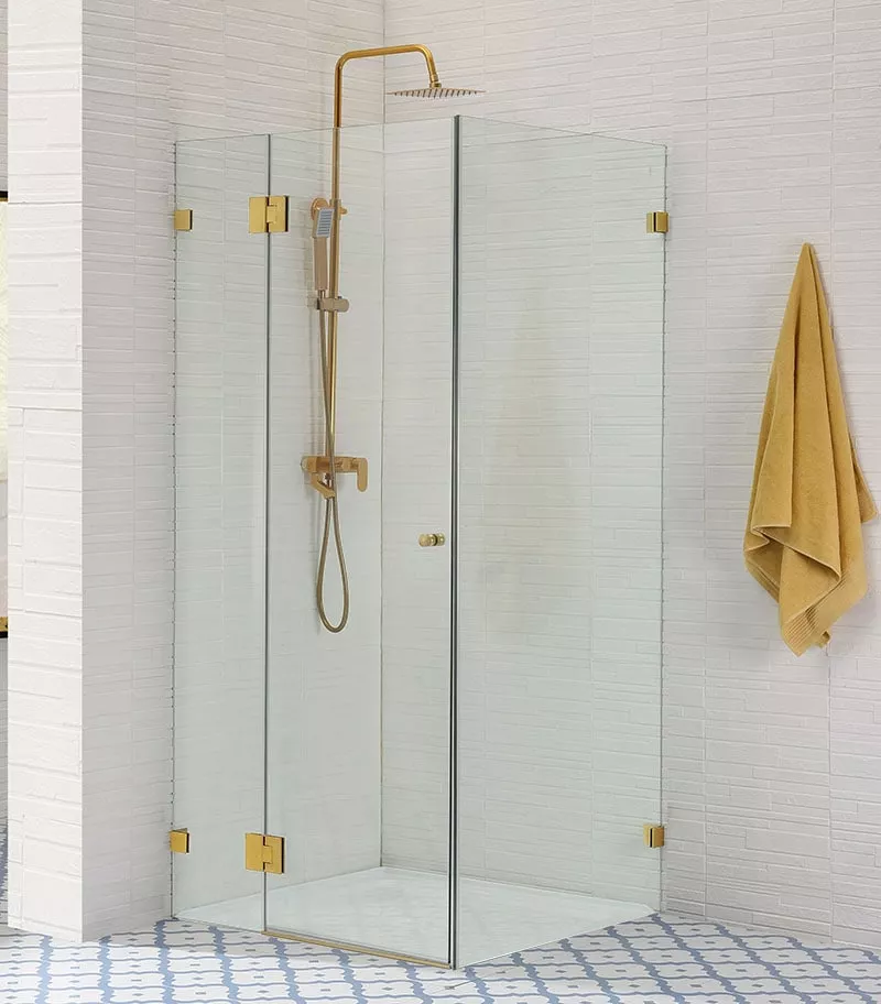Square & L-Shape Frameless Pivot Door Frameless Shower Screen - Brushed Gold Fittings