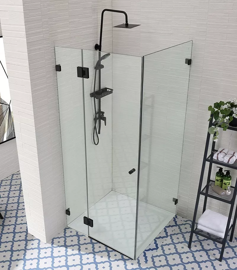 Square & L-Shape Frameless Pivot Door Frameless Shower Screen - Matt Black Fittings