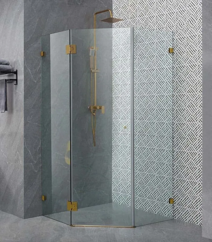 Diamond-Shaped Frameless Pivot Door Shower Screen – Brushed Gold Fittings