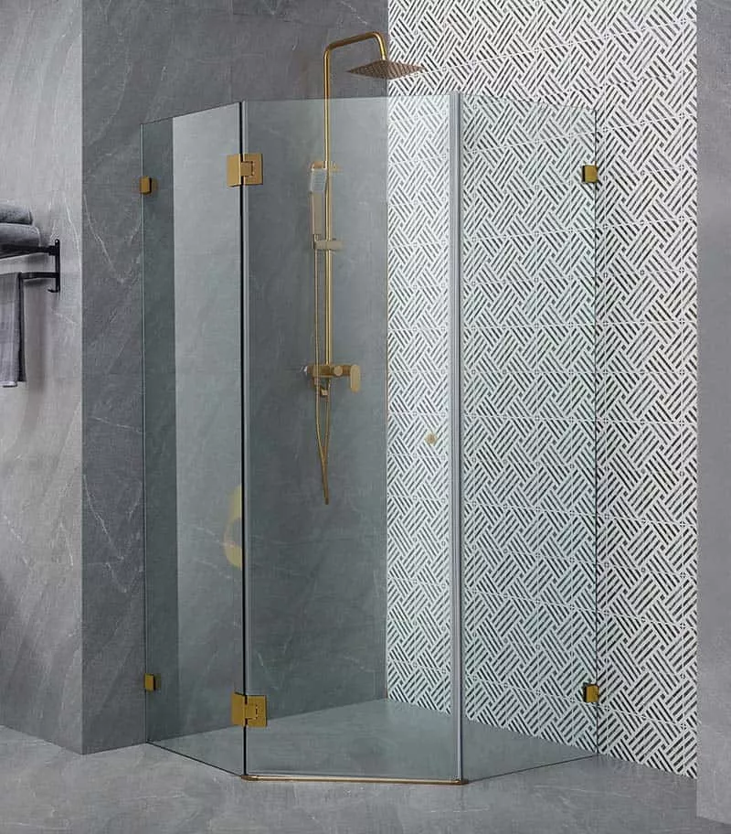 Diamond-Shaped Frameless Pivot Door Shower Screen – Brushed Gold Fittings