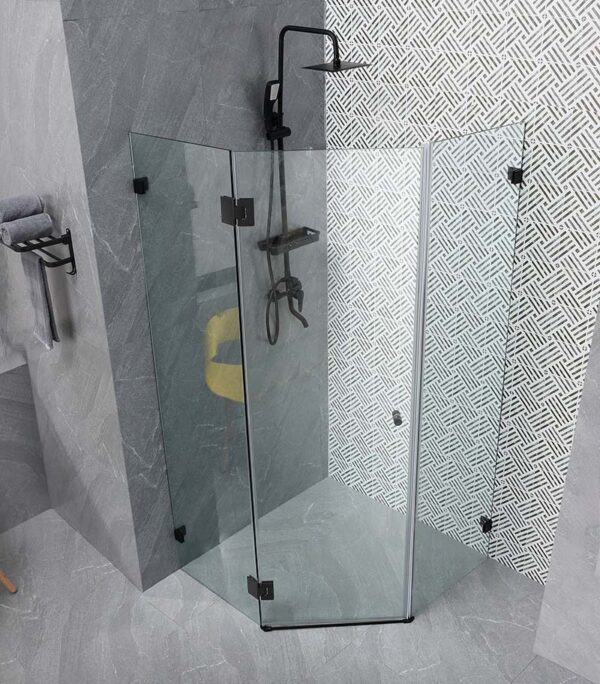 Diamond-Shaped Frameless Pivot Door Shower Screen – Matt Black Fittings