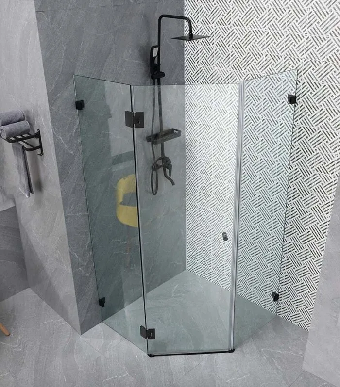 Diamond-Shaped Frameless Pivot Door Shower Screen – Matt Black Fittings