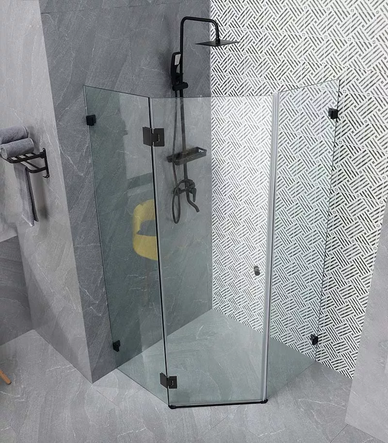 Diamond-Shaped Frameless Pivot Door Shower Screen – Matt Black Fittings