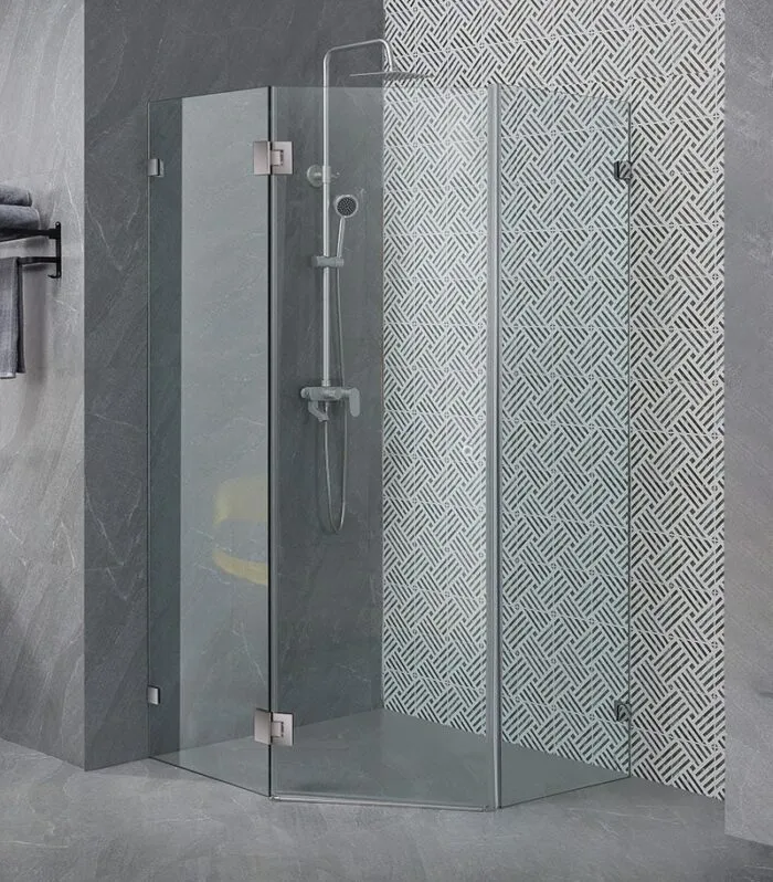 Diamond-Shaped Frameless Pivot Door Shower Screen – Brushed Nickel Fittings
