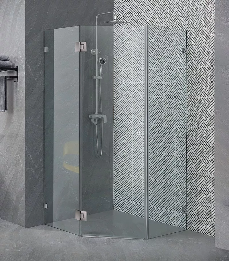 Diamond-Shaped Frameless Pivot Door Shower Screen – Brushed Nickel Fittings