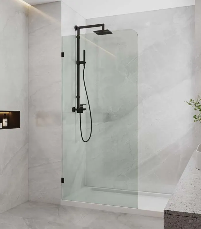 Frameless Single Shower Screen Panel With Curved Corner - Matt Black Fittings