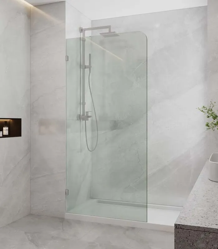 Frameless Single Shower Screen Panel With Curved Corner - Brushed Nickel Fittings