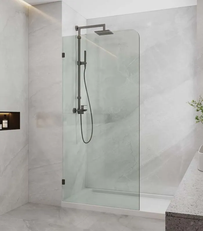 Frameless Single Shower Screen Panel With Curved Corner - Gunmetal Grey Fittings