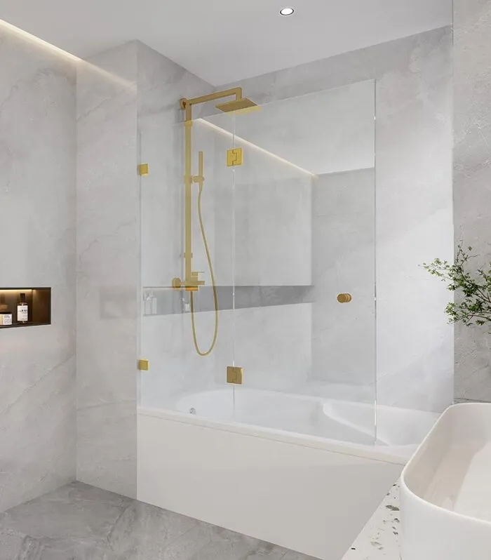 10mm Glass Fixed & Swing Panels Hinged Bath Screen - Brushed Gold