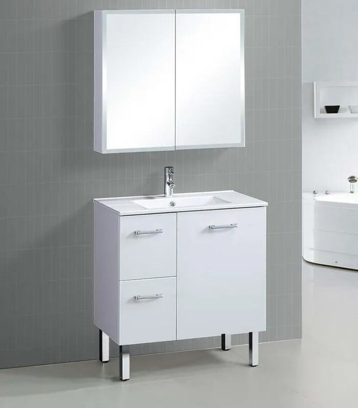 Reno 2 Ceramic Top 750mm Freestanding Vanity - Gloss White - LH Drawers