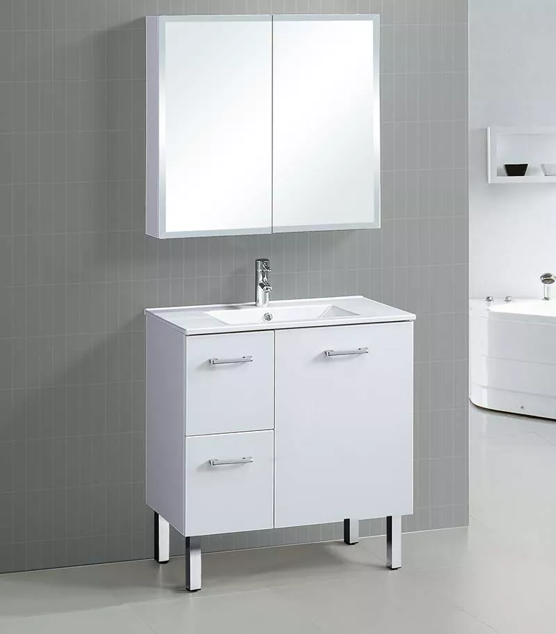 Reno 2 Ceramic Top 750mm Freestanding Vanity - Gloss White - LH Drawers