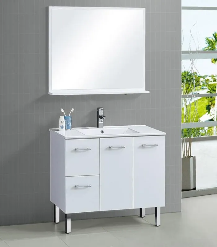Reno 2 Ceramic Top 900mm Freestanding Vanity - Gloss White - LH Drawers