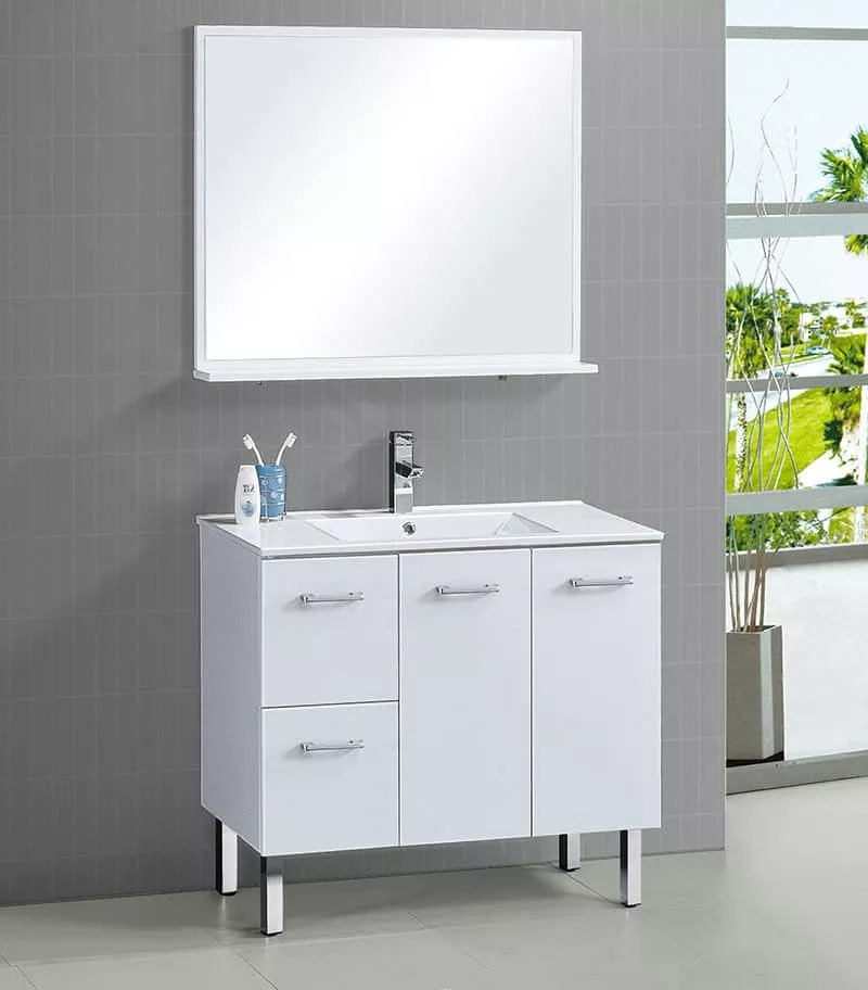 Reno 2 Ceramic Top 900mm Freestanding Vanity - Gloss White - LH Drawers