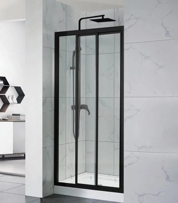 Framed Sliding Three Panel Doors Wall to Wall Shower Screen - Matt Black Fittings