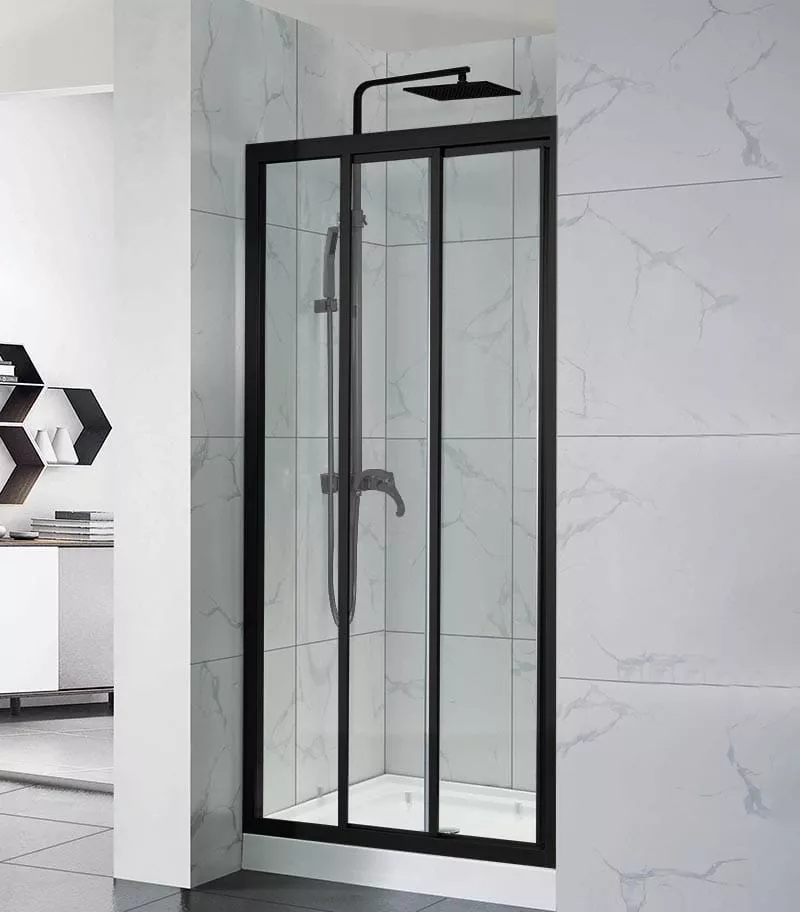 Framed Sliding Three Panel Doors Wall to Wall Shower Screen - Matt Black Fittings