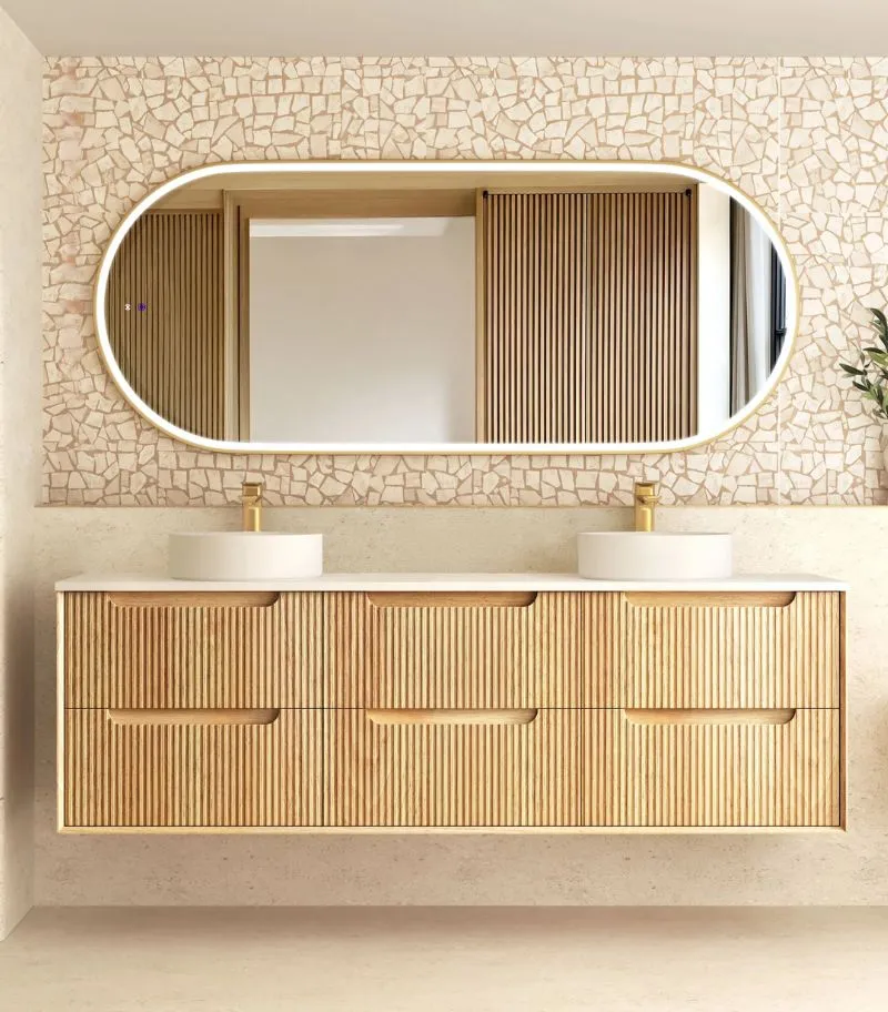 Byron Fluted 1800mm Double Bowl Wall Hung Vanity - Woodland Oak With Solid Surface Top White
