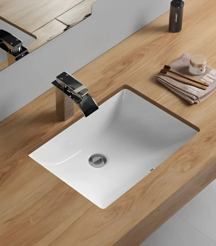 Crete Rectangle Undermount Ceramic Basin 460x335x190mm - With Background