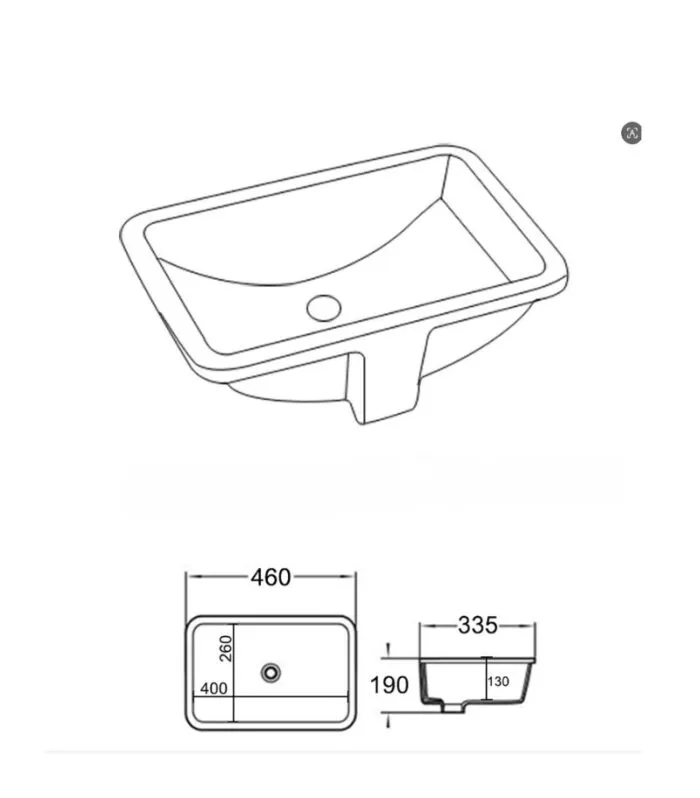 Crete Rectangle Undermount Ceramic Basin 460x335x190mm - Specification
