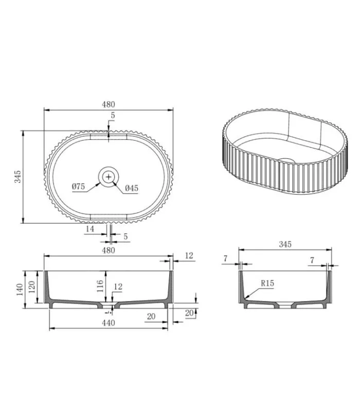 Ellips 480mm Fluted Solid Surface Above Counter Basin - Specification