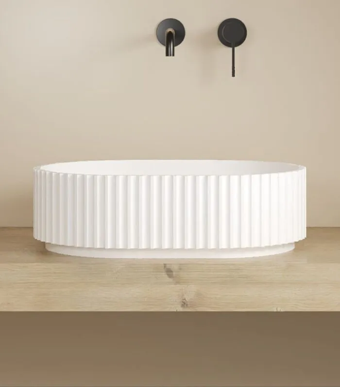 Ellips 480mm Fluted Solid Surface Above Counter Basin - White With Background