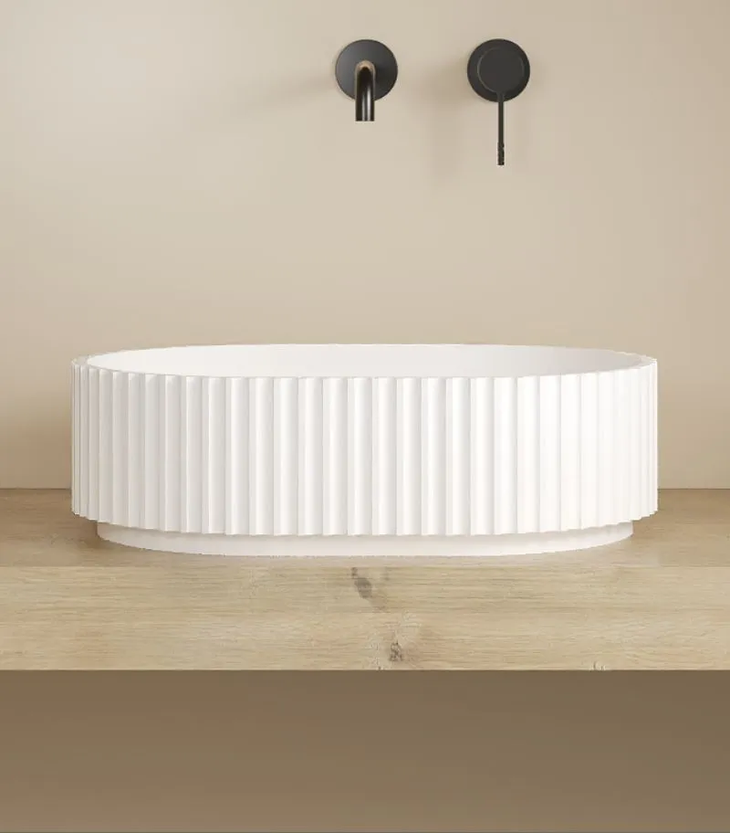 Ellips 480mm Fluted Solid Surface Above Counter Basin - White With Background