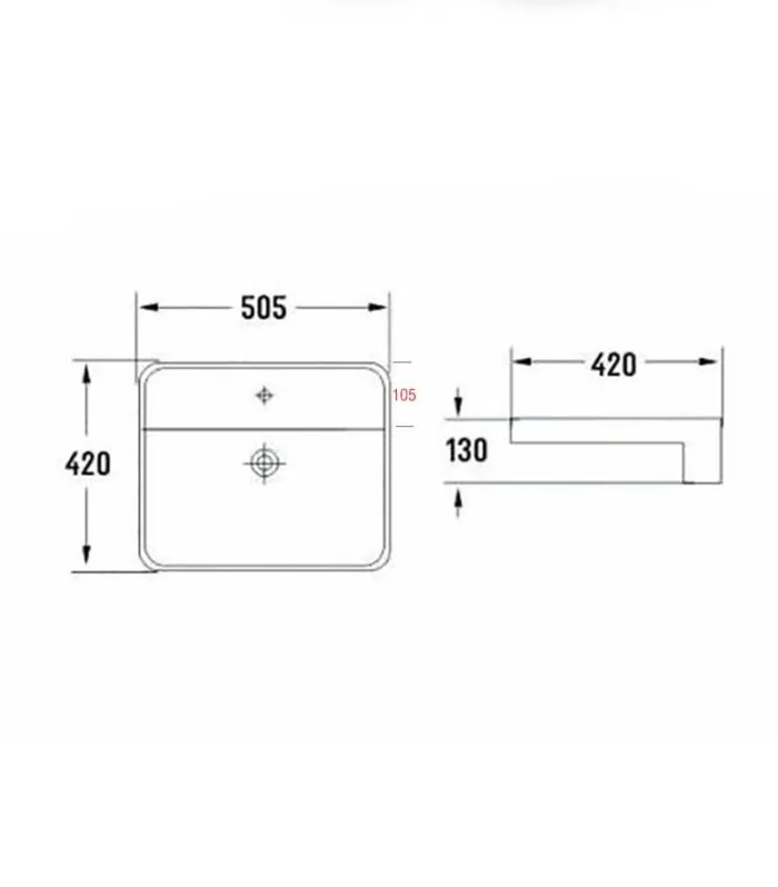 505 x 420 x 130mm Semi-Recessed Ceramic Basin - Gloss White Specification