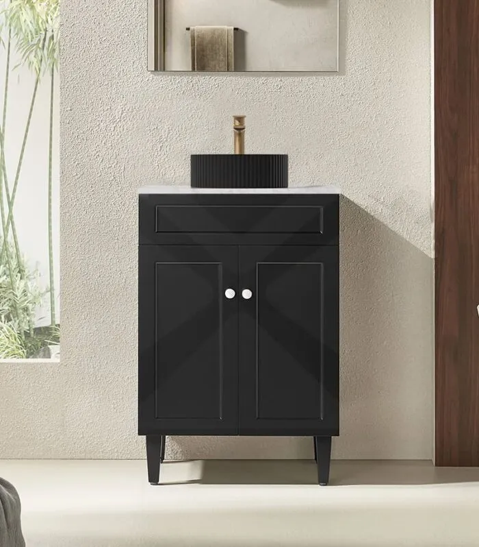 Harrington 600mm Freestanding Vanity - Matt Black With Stone Basin for Above Counter Basin Lifestyle