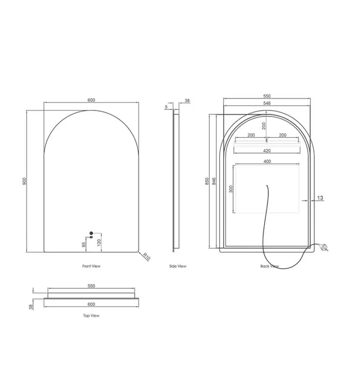 Archie 900mm x 600mm Frameless LED Mirror Specification