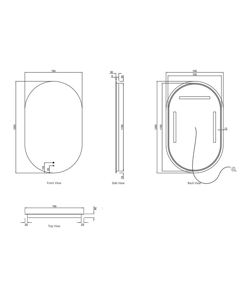 Noosa 750mm x 1200mm Frameless Oval LED Mirror Specification