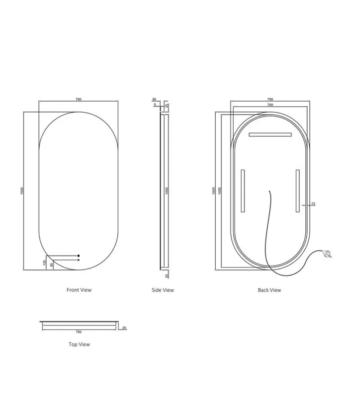 Noosa 750mm x 1500mm Frameless Oval LED Mirror Specification