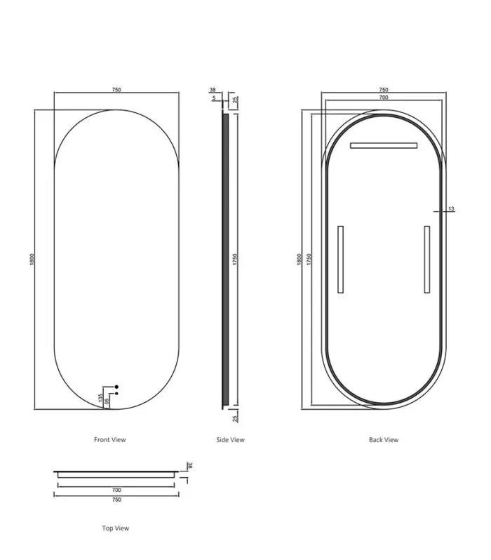 Noosa 750mm x 1800mm Frameless Oval LED Mirror Specification