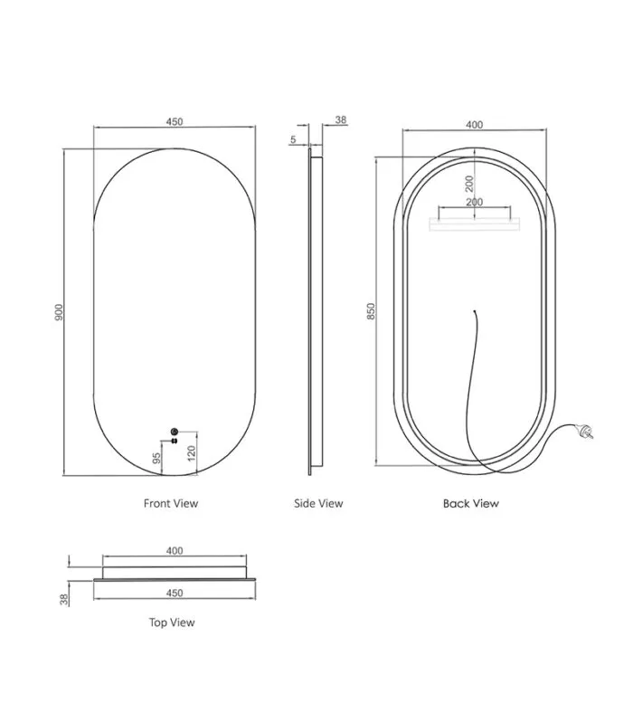 Noosa 450mm x 900mm Oval LED Mirror Specification