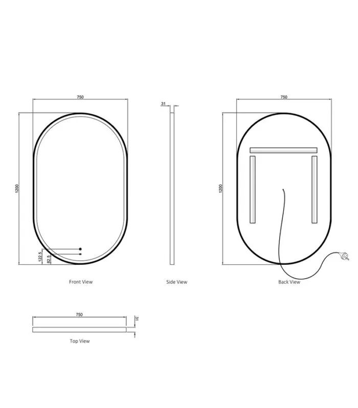 Noosa 750mm x 1200mm Metal Frame Oval LED Mirror Specification