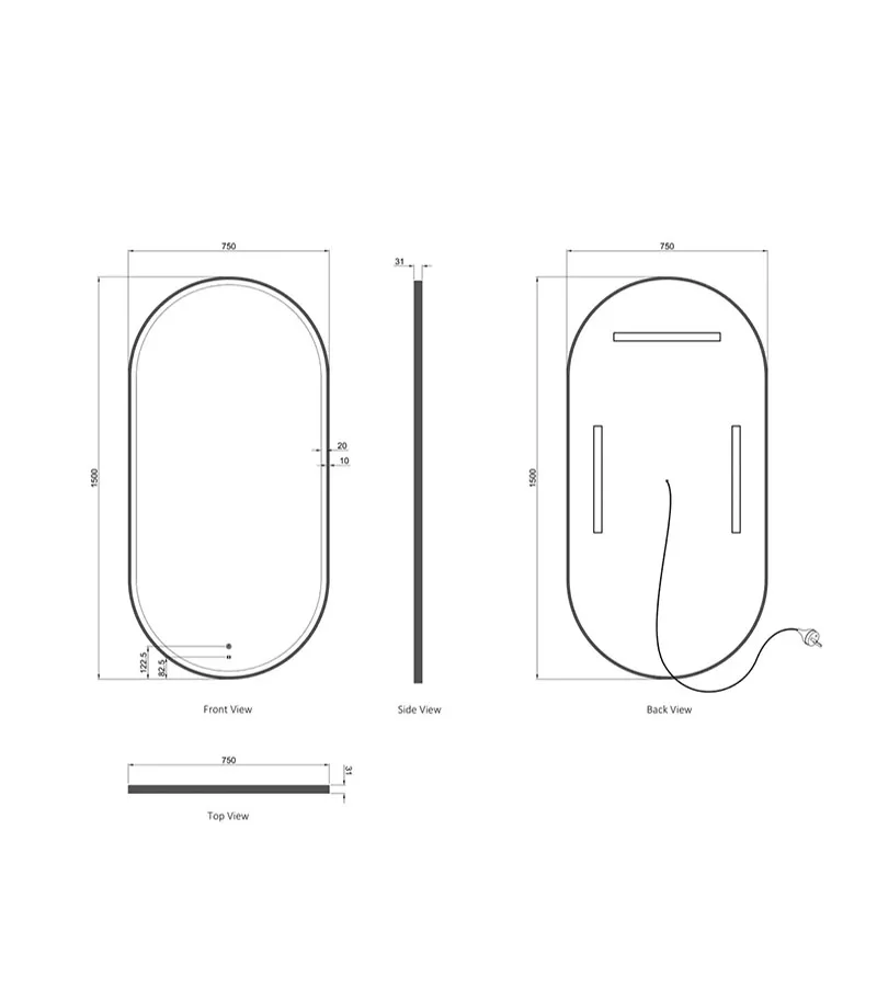 Noosa 750mm x 1500mm Metal Frame Oval LED Mirror Specification