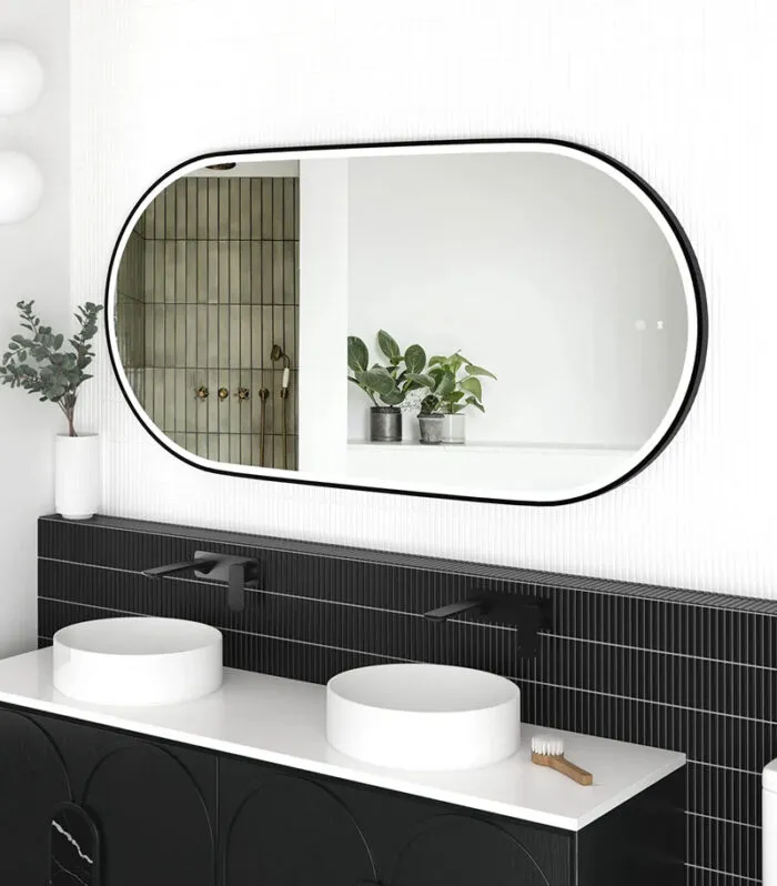 Noosa 750mm x 1500mm Matt Black Metal Frame Oval LED Mirror Side View