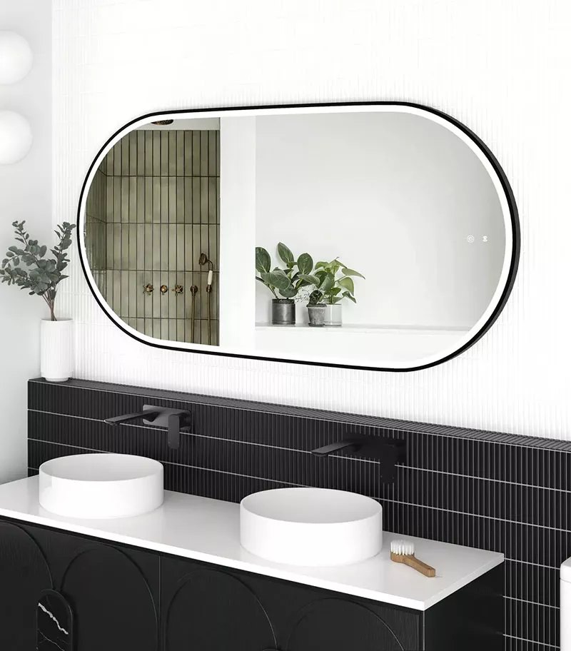 Noosa 750mm x 1500mm Matt Black Metal Frame Oval LED Mirror Side View