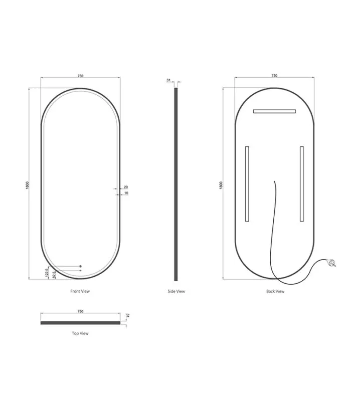 Noosa 750mm x 1800mm Metal Frame Oval LED Mirror Specification