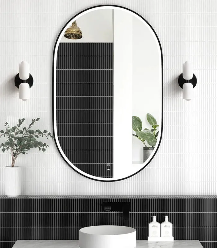 Noosa 900mm/1200mm Matt Black Metal Frame Oval LED Mirror Vertical View