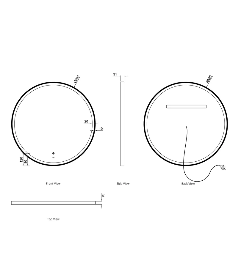 Bondi 800mm x 800mm Metal Framed Round LED Mirror Specification