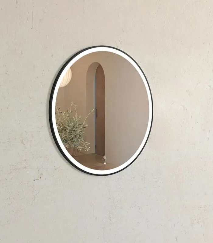 Bondi 800mm x 800mm Matt Black Metal Framed Round LED Mirror Side View