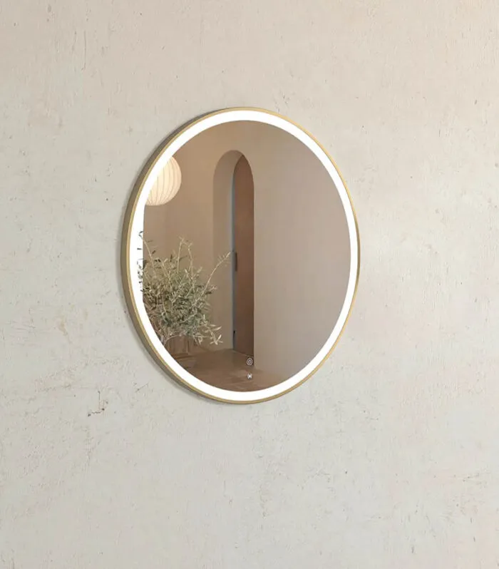 Bondi 800mm x 800mm Gold Metal Framed Round LED Mirror Side View