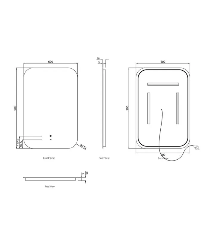 Newport 600mm x 900mm Frameless Square LED Mirror Specification