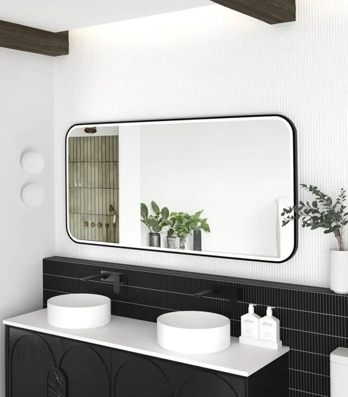 Newport 750mm x 1500mm Matt Black Metal Framed Soft Square LED Mirror Side View
