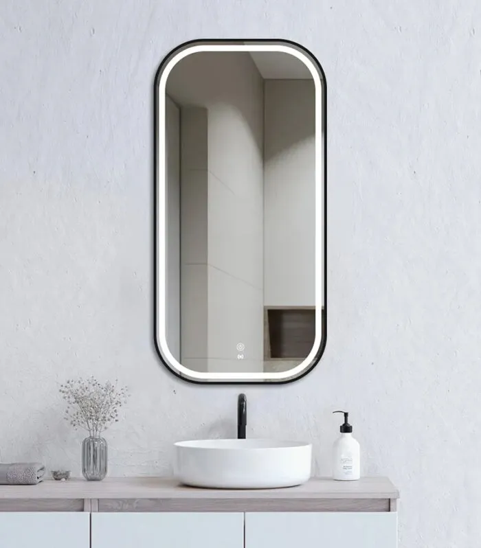 Newport 450mm x 900mm Matt Black Metal Soft Framed Square LED Mirror