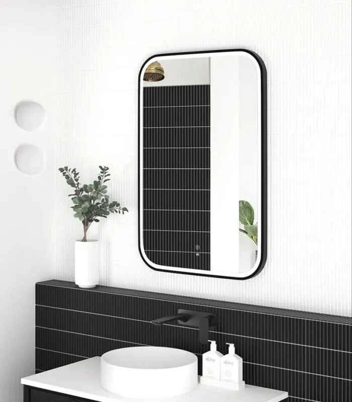 Newport 600mm x 900mm Matt Black Metal Framed Soft Square LED Mirror Vertical View