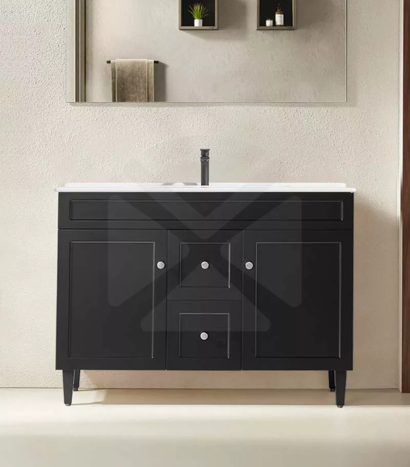 Harrington 1200mm Single Bowl Freestanding Vanity | Middle Drawers - Matt Black Ceramic Top