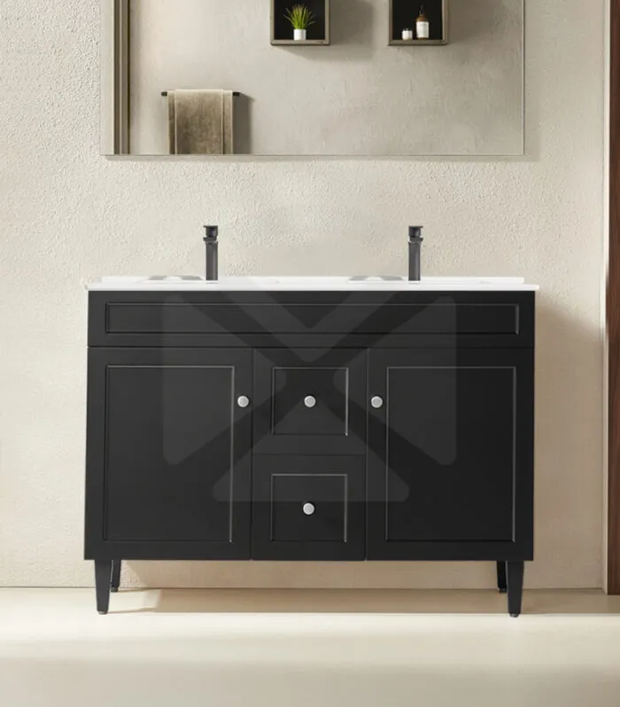 Harrington 1200mm Double Bowl Freestanding Vanity | Middle Drawers - Matt Black Ceramic Top