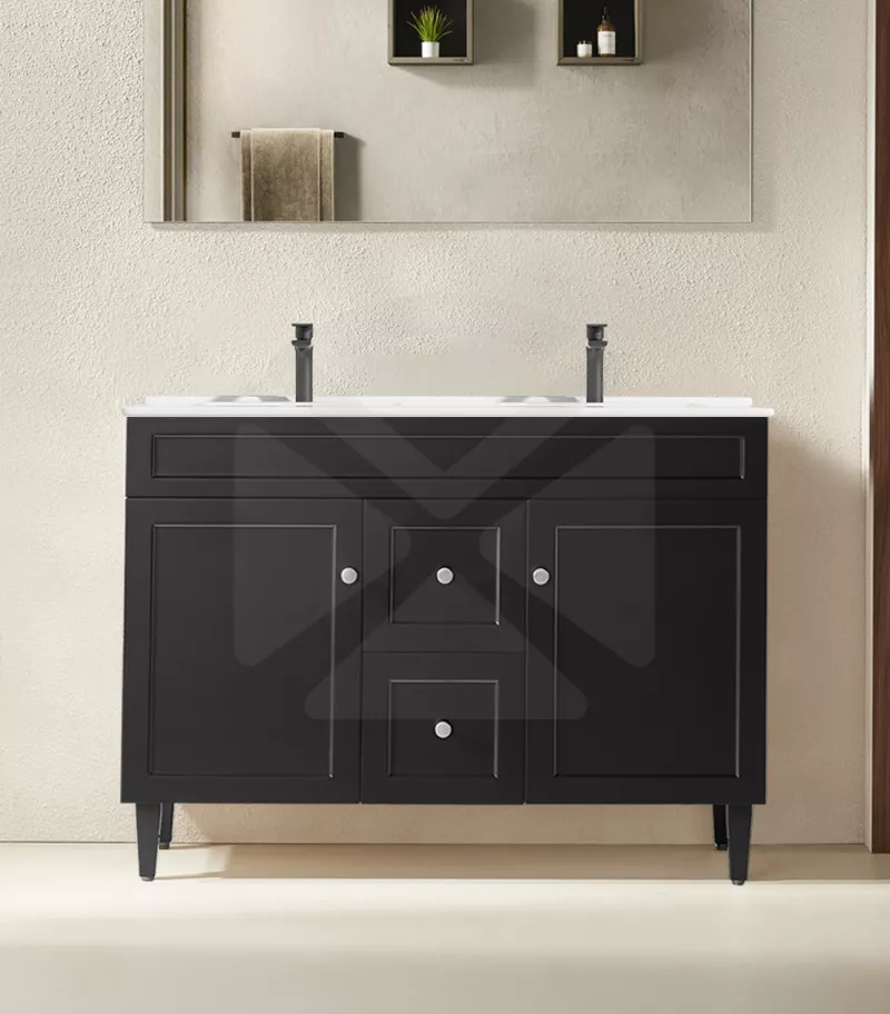 Harrington 1200mm Double Bowl Freestanding Vanity | Middle Drawers - Matt Black Ceramic Top