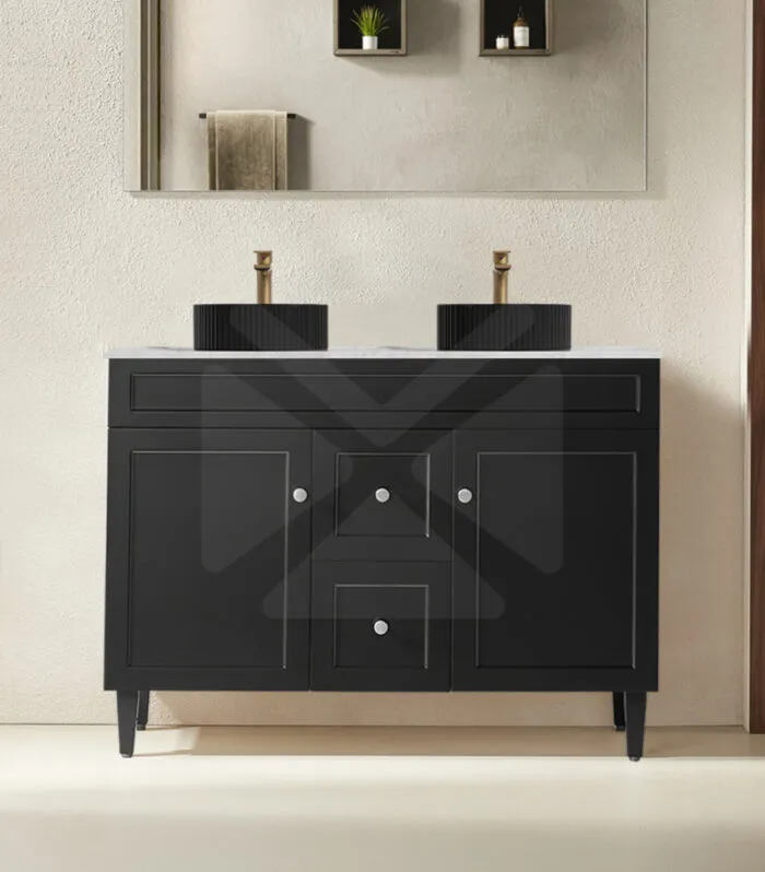Harrington 1200mm Double Bowl Freestanding Vanity | Middle Drawers - Matt Black Marble Stone Top